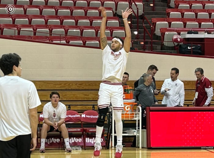 Indiana sixth-year forward Race Thompson shoots during warmups prior to the Hoosiers' game against Michigan State on Sunday at Noon ET at Simon Skjodt Assembly Hall in Bloomington, Ind.